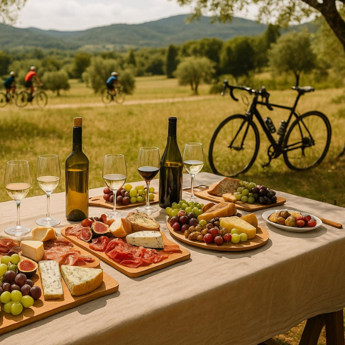 Aperitivo en el bosque después de una ruta en cicicleta