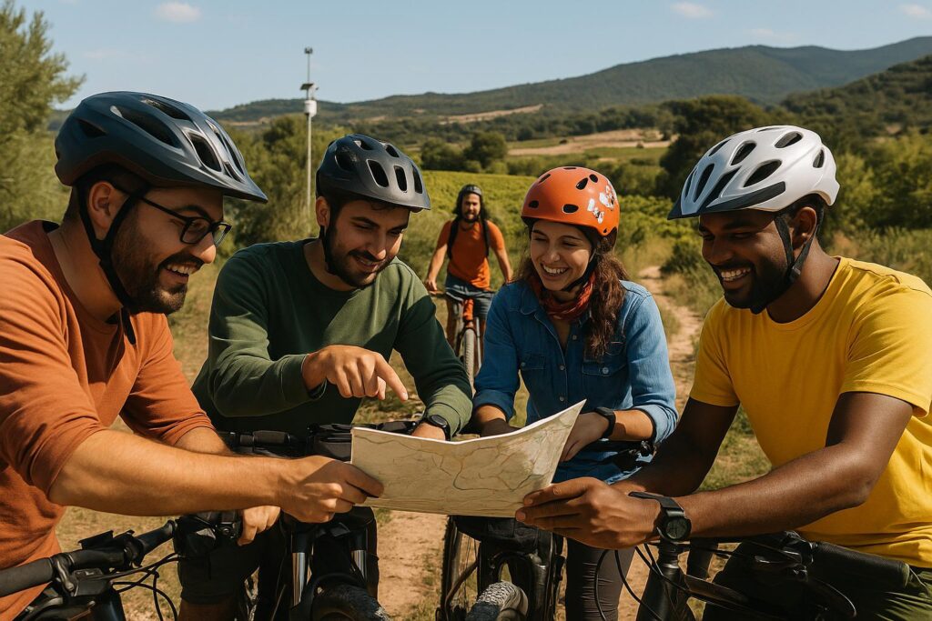 Equipo de ciclistas observando un mapa en el bosque
