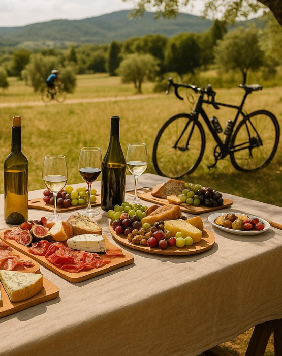 Aperitivo en el bosque después de una ruta en cicicleta